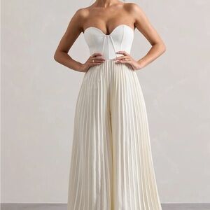 Club L London Cream Pleated Jumpsuit with Wide-Leg Design